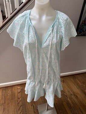 Cartolina Nantucket Joy Cotton Eyelet Coverup Mini Dress Blue Size Medium